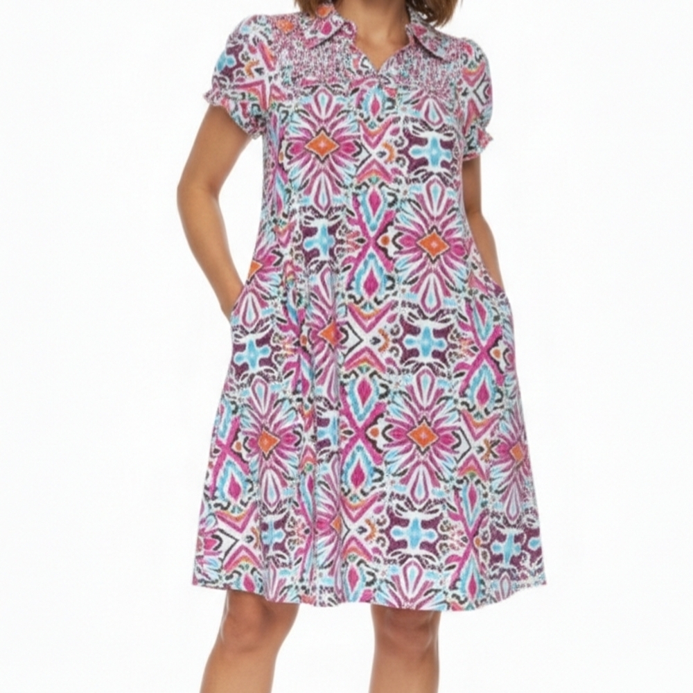 NEW Shewin Boho Abstract Smocked Mini Dress w/pockets L